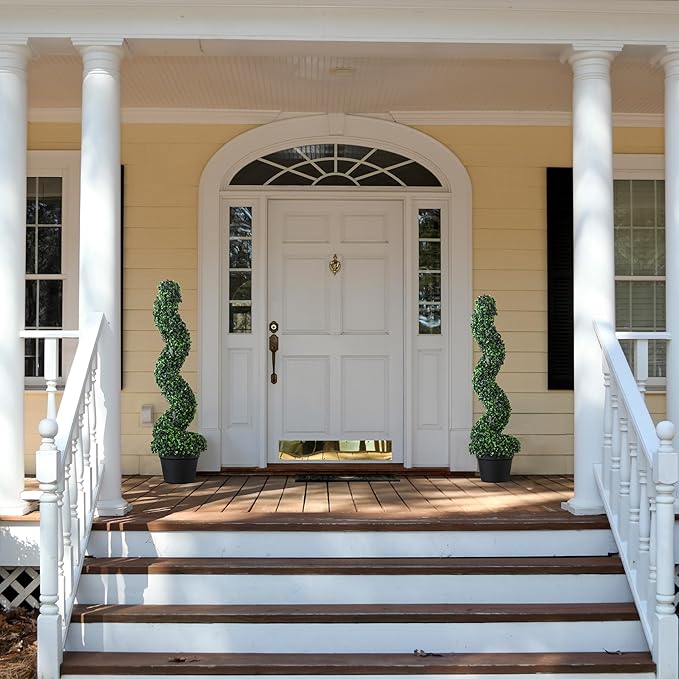 39 inchBoxwood Artificial Cedar Spiral Topiary Trees – Decorative Fake Greenery in Planter Pots for Front Porch, Outdoor Walkway, Entryway Decorating, Set of 2-VerdiqueGarden