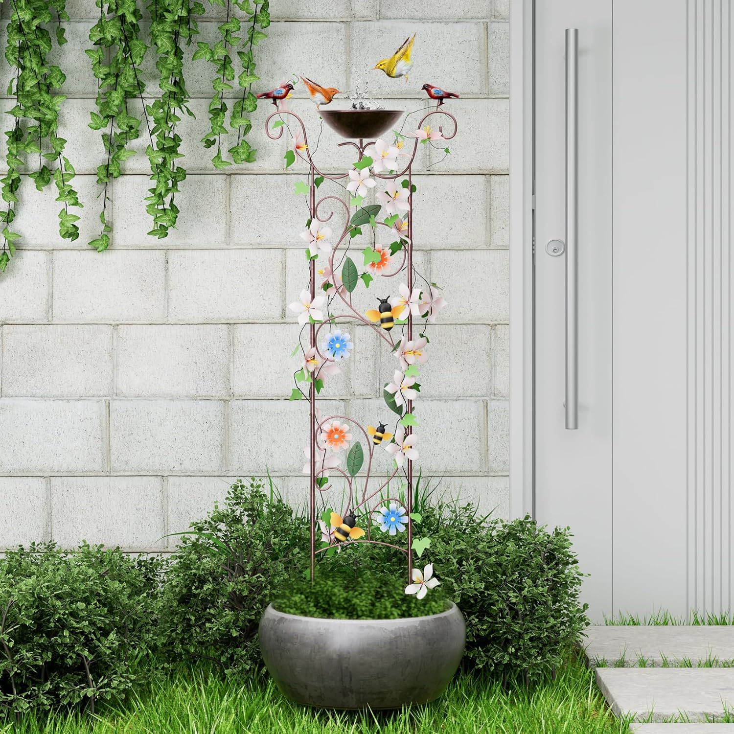 Bird Bath for Outside - Antique Iron Bird Bath with Trellis,Detachable Decorative Hummingbird Bowl,Metal Plant Support for Climbing Flowers,Elegant Outdoor Garden Feature (Honeybee)-VerdiqueGarden