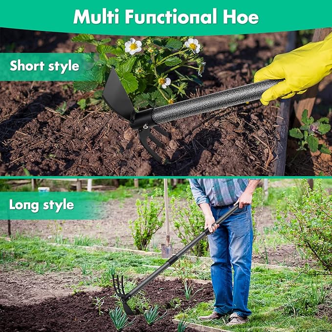 Hoe Garden Tool,45 Inch Long Garden Hoe and Cultivator, Garden Hand Tiller with Long Handle,Heavy Duty Garden Tools Hoe Cultivator for Gardening,Weeding, Tilling,Lossening Soil,Planting-VerdiqueGarden