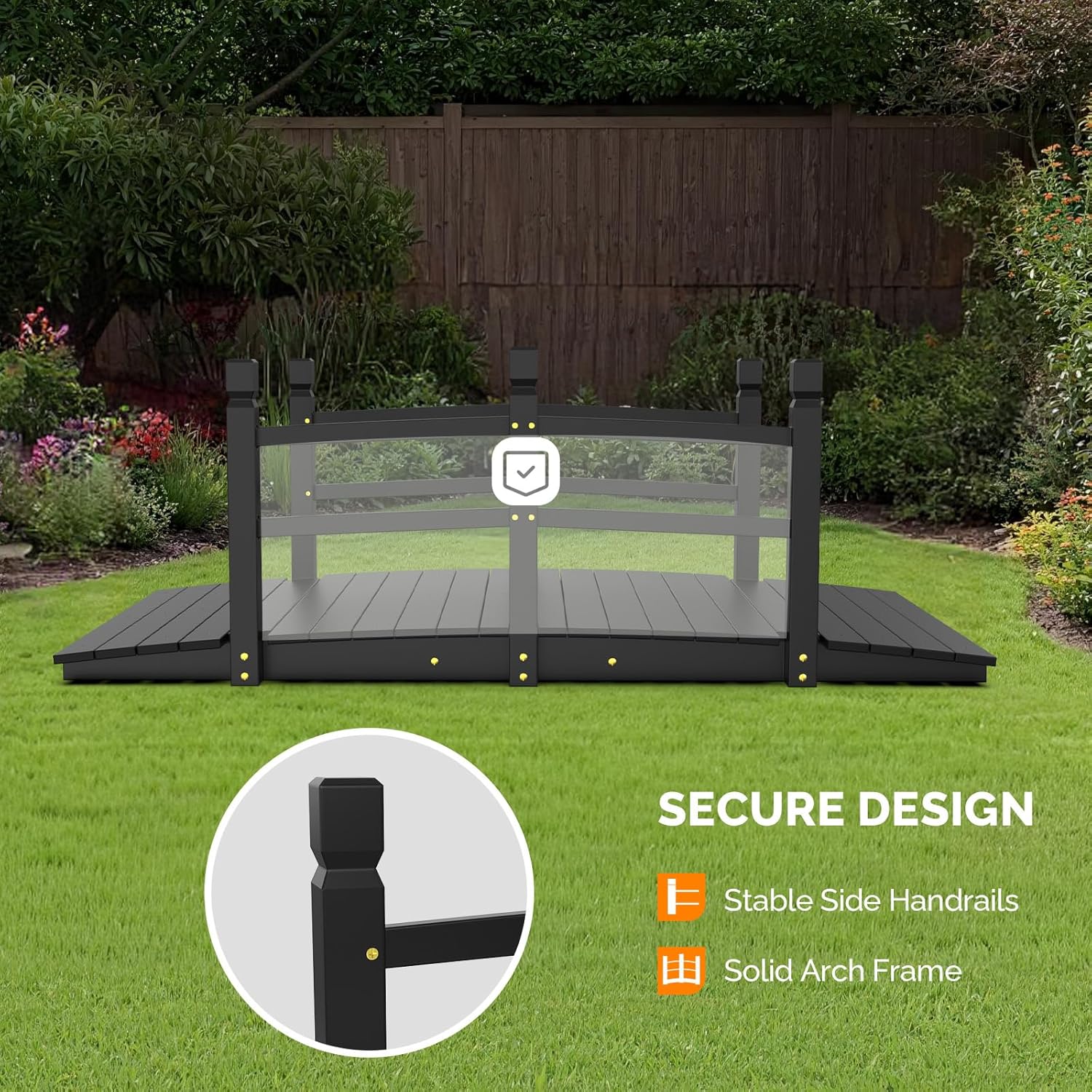 VINGLI Garden Bridge, Classic Wooden Arch with Safety Rails Footbridge (Black, 5 ft)-VerdiqueGarden