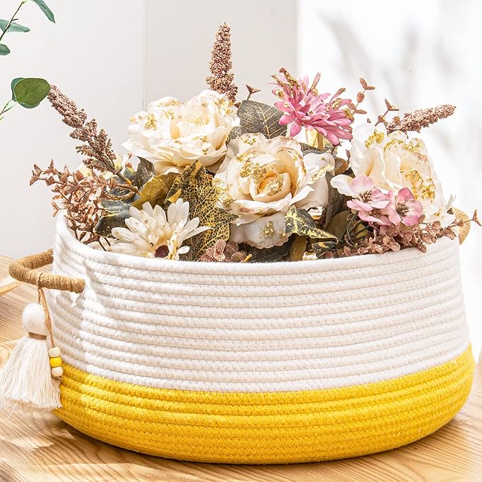 KAKAMAY Woven Baskets for Storage(16"x8"),Blanket Basket for Organizing Living Room,Cotton Rope Basket Woven Baby Laundry Hamper,Collapsible Laundry Room Organization,Clothes,Toy Chest(Yellow)-VerdiqueGarden