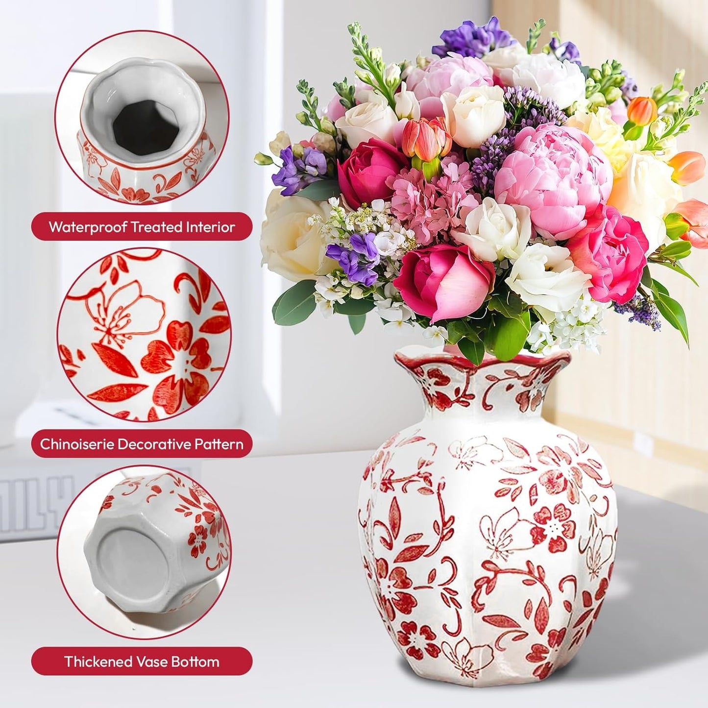 Chinoiserie Vase,Red and White Vase,Vintage Ceramic Vases,Flower Vase for Centerpiece,Chinese Cute Vases for Living Room, Office,Home Decor (Red White, Small)-VerdiqueGarden