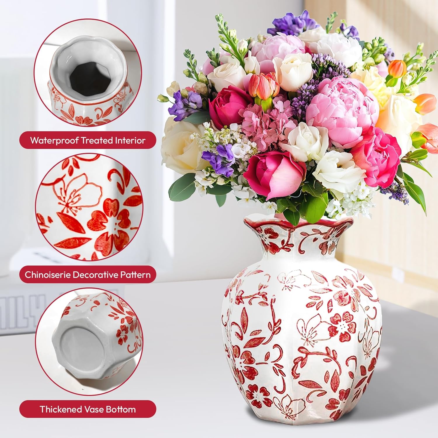 Chinoiserie Vase,Red and White Vase,Vintage Ceramic Vases,Flower Vase for Centerpiece,Chinese Cute Vases for Living Room, Office,Home Decor (Red White, Small)-VerdiqueGarden