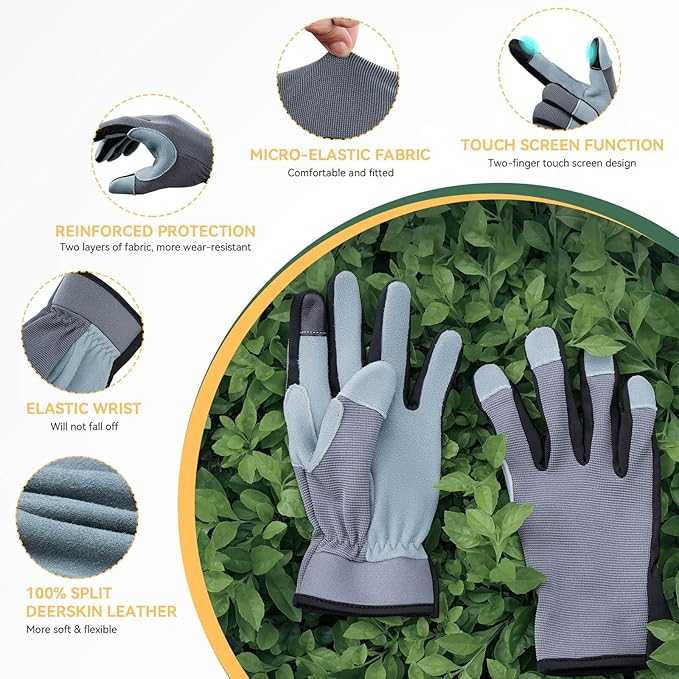 OZERO Women Leather Work Gloves: Touch Screen | Deerskin Garden Gloves with Grip | Ideal for Yard Work, Daily Tasks, Driving-VerdiqueGarden