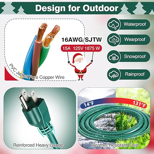 Feekoon 20 FT Extension Cord Splitter with Timer and 3 Outlet Plug, 16awg SJTW Outdoor Extension Cord with Multi Outlet Safety Cover for Holiday Lights Garden Patio Christmas Outdoor Decorations-VerdiqueGarden
