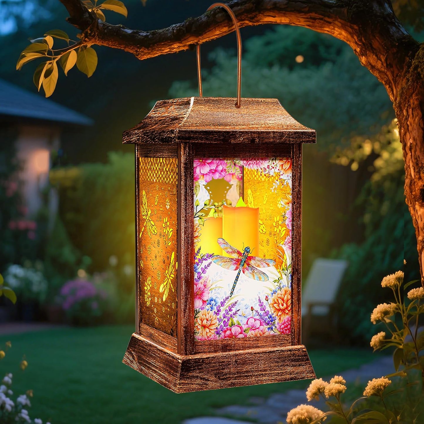 Dragonfly Solar Lanterns Outdoor Waterproof, Metal & Glass Hanging Lights Garden Decor, Birthday Gifts for Women Mom Grandma Mothers Day, Decorative Lights for Outside Yard Patio Backyard Porch-VerdiqueGarden