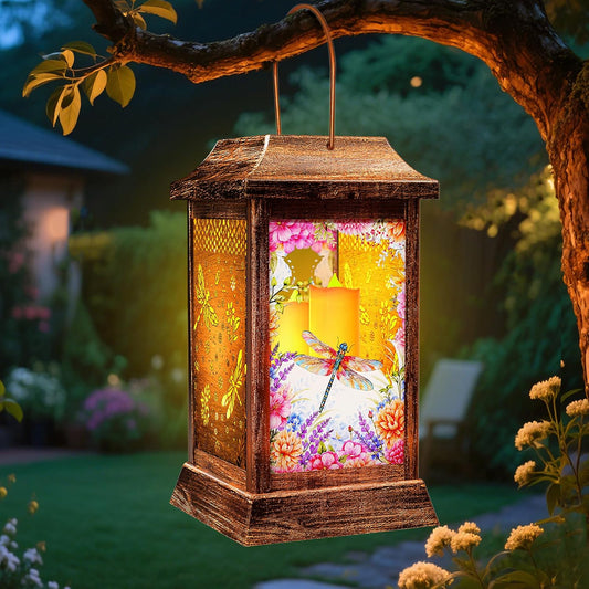 Dragonfly Solar Lanterns Outdoor Waterproof, Metal & Glass Hanging Lights Garden Decor, Birthday Gifts for Women Mom Grandma Mothers Day, Decorative Lights for Outside Yard Patio Backyard Porch-VerdiqueGarden