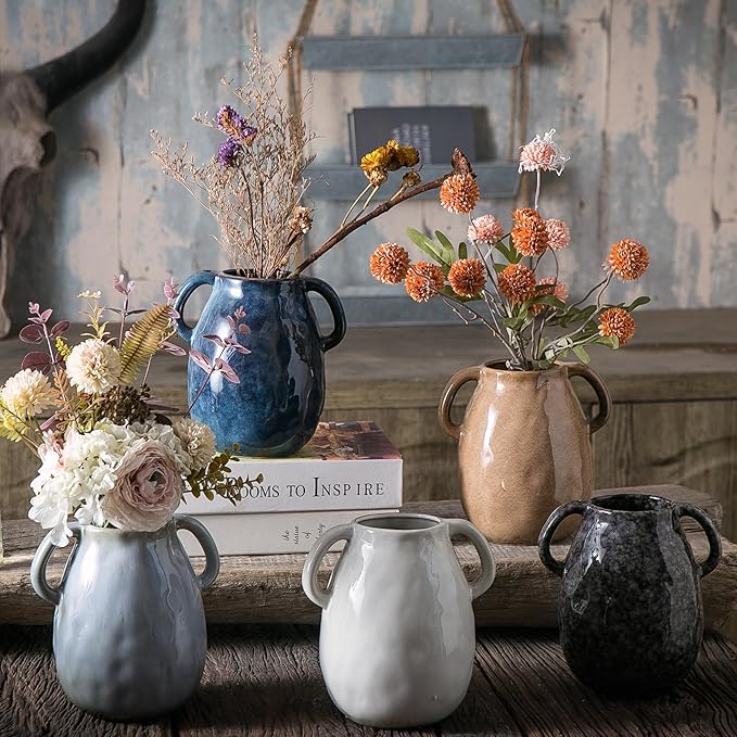 Black Ceramic Vase with 2 Handles, Modern Farmhouse Decor, Rustic Terracotta Pottery, Decorative Flower Vases, Clay Small Vase, Centerpiece for Dining Table - 7 Inch Tall-VerdiqueGarden