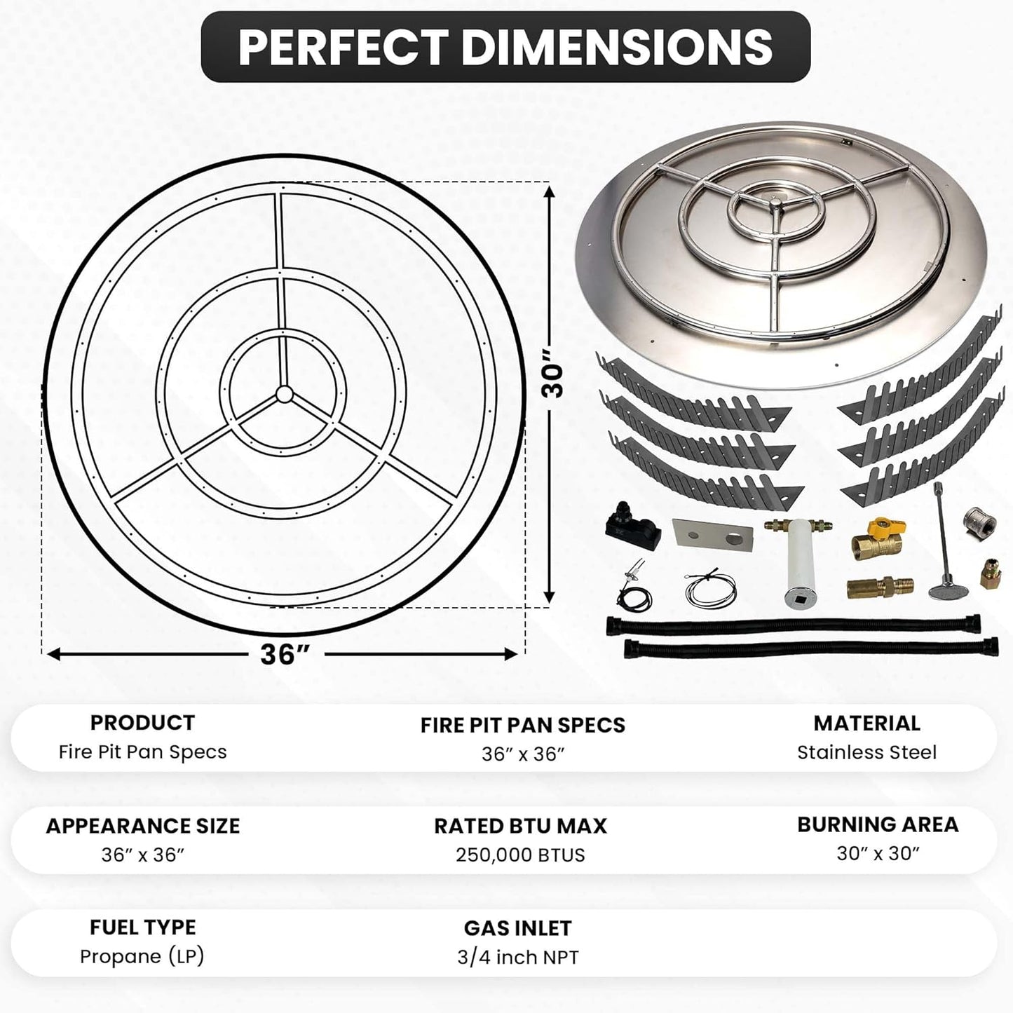 Stainless Steel Fire Pit Burner Pan & Ring Deluxe Kit for Liquid Propane, 36-Inch Pan, 30-Inch Ring, 250,000 BTU Max-VerdiqueGarden