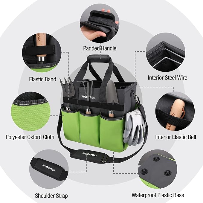 WORKPRO Garden Tool Bag Organizer, Heavy Duty Gardening Tote Bag with 10 Pockets and Long Adjustable Shoulder Strap, Standable Garden Home Tool Kits Organizer, Green-VerdiqueGarden