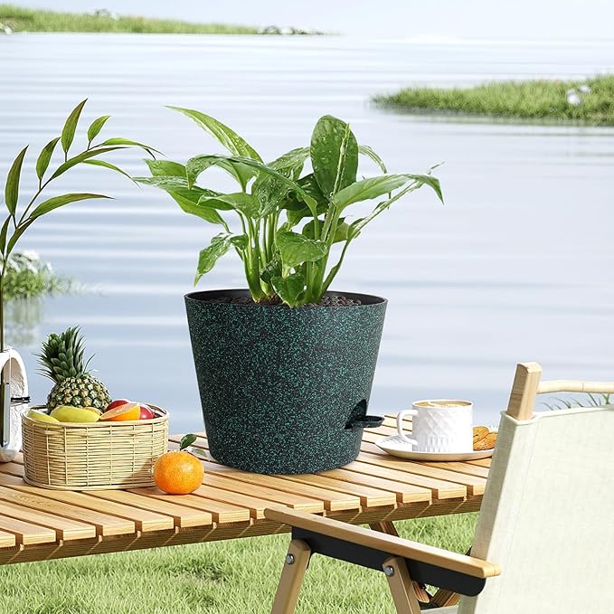 12 inch Large Self Watering Pots for Indoor Outdoor Plants, Flower Plant Pots with Mesh Drainage Holes for Garden, Plastic Planters with Reservoir for Home Plants, Black with Green Speckles-VerdiqueGarden