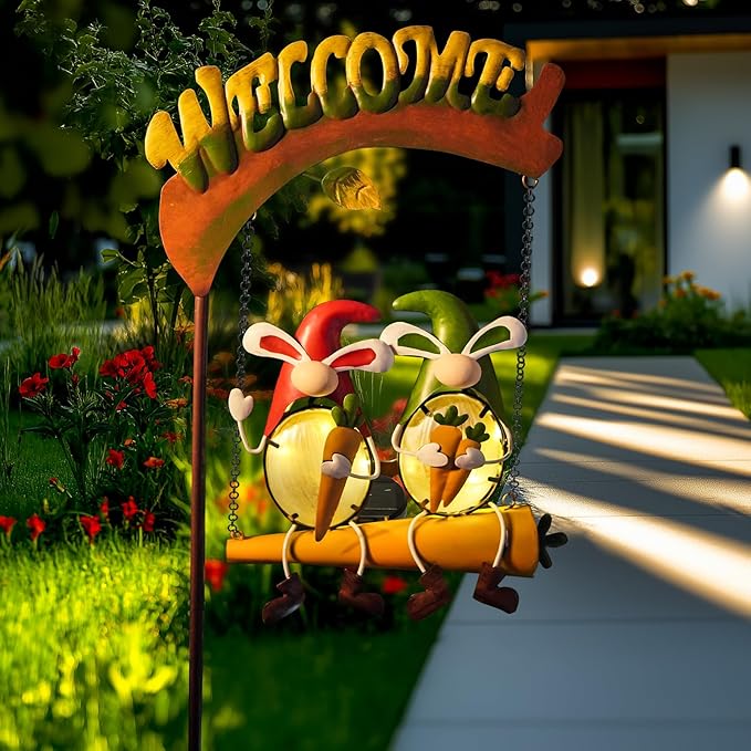 HONGLAND Solar Lights Outdoor Decor, Rabbit Swing Garden Decor, Funny Gardening Gifts for Women Mom, Gnomes Outdoor Decorations with Welcome Sign for Front Porch Patio-VerdiqueGarden