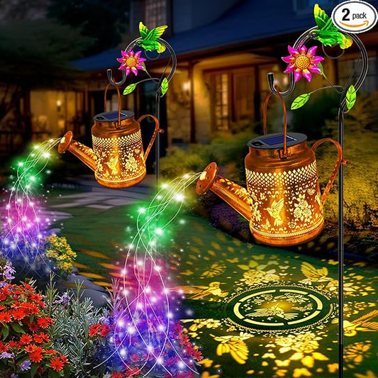 2 Pack Solar Lanterns Outdoor Waterproof,Hummingbird Watering Can Garden Decor,Hanging Solar Path Lights Yard Art,Outside Patio Decorations Gardening Birthday Gifts for Mom Grandma Women (with Hook)-VerdiqueGarden