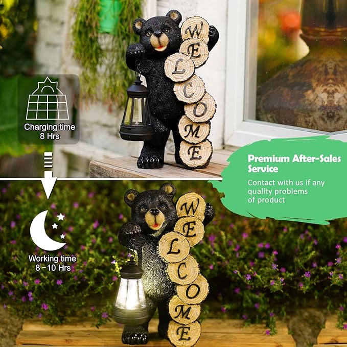Garden Decor Solar Statues: Mothers Day Gifts for Mom Grandma Birthdays for Women Sister Wife Lady - Front Patio Balcony Yard Art Lawn Ornaments Porch Outdoor Outside Decorations (Bear)-VerdiqueGarden