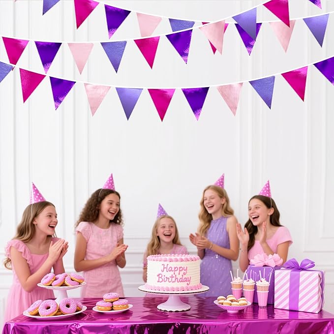 Pink and Purple Party Decorations Metallic Hot Pink Lavender Fabric Triangle Pennant Banner Flag Bunting Garland for Girls Women Birthday Wedding Baby Shower Bachelorette Engagement Party Supplies-VerdiqueGarden