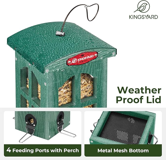 Kingsyard Upgraded Rainproof Bird Feeder for Outdoor Hanging - Metal Feeding Port, Recycled Plastic Wild Bird Feeder with Metal Mesh Tray for Goldfinch Small Bird, Garden Yard Decoration, Green-VerdiqueGarden