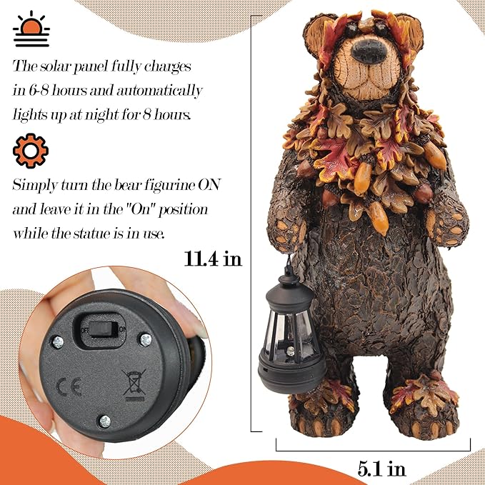 Solar Garden Statue Bear Figurine, Garden Art Outdoor Statues with Solar Lantern, Loving Bear for Patio, Balcony, Yard, Lawn, Unique Housewarming Gifts-VerdiqueGarden