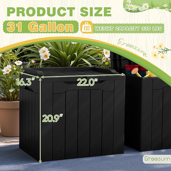 Greesum 31 Gallon Deck Box for Outside, All Weather Outdoor Storage Boxes for Patio Furniture Set, Package Delivery Box, Garden Tools, Black(Set of 2)-VerdiqueGarden