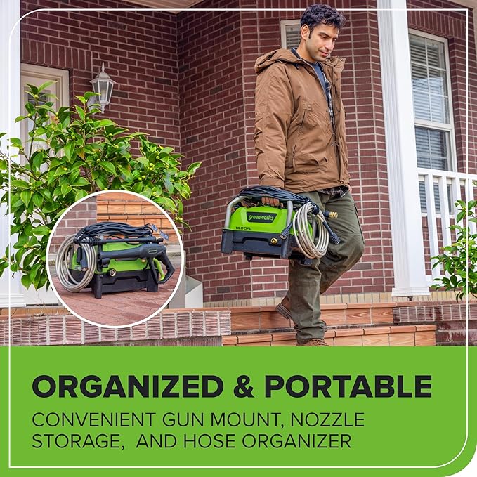 Greenworks 1900 PSI (SGS Certified) 1.2 GPM 13Amp Portable Compact Electric Pressure Washer, Power Washer for Cars, Driveways, Patios, Patio Furniture & Around Pools-VerdiqueGarden