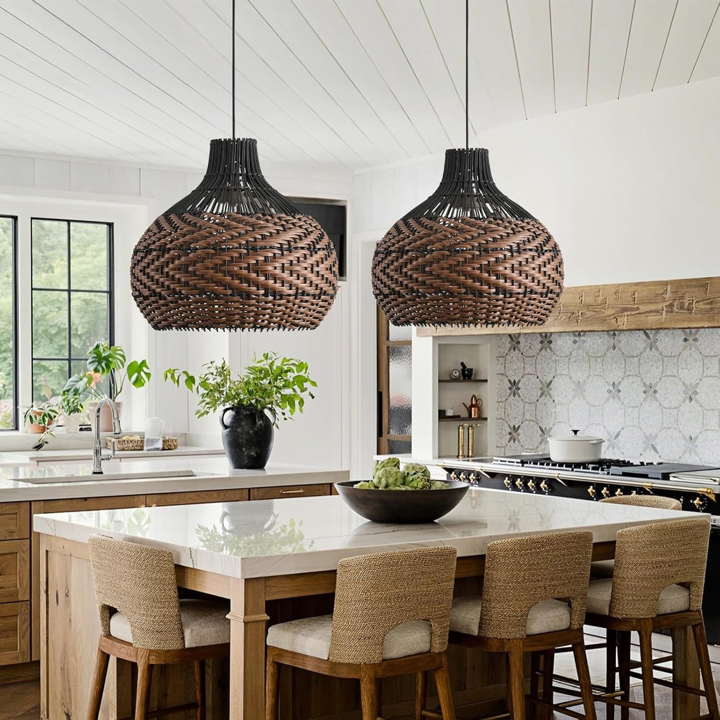 3-Light Rattan Pendant Light,15" Hand-Woven Black Brown Faux Rattan Hanging Light Boho Wicker Basket Chandelier,for Living Room Bedroom Kitchen Dining Farmhouse 1-Pack-VerdiqueGarden