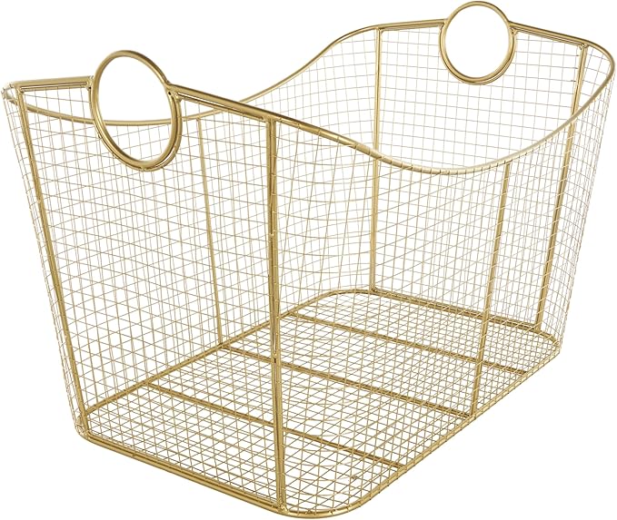 Deco 79 Metal Geometric Decorative and Functional Storage Basket Wire Grid Basket Organizer with Curved Edges Ring Handles, Basket for Storage 30" x 20" x 20", Gold-VerdiqueGarden