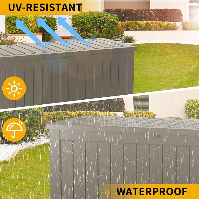 100 Gallon Outdoor Storage Box Waterproof Lockable Resin Deck Box Large, Patio Storage Bin for Pool Accessories Cushion Furniture, Garden Tools, UV-Resistant Outside Delivery Grey-VerdiqueGarden