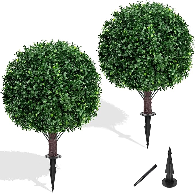 Artificial Boxwood Topiary Ball Tree Set of 2, UV Resistant Artificial Outdoor Shrubs with Spike, Decorative Evergreen Fake Topiary Bushes Plant for Front Porch Garden-VerdiqueGarden