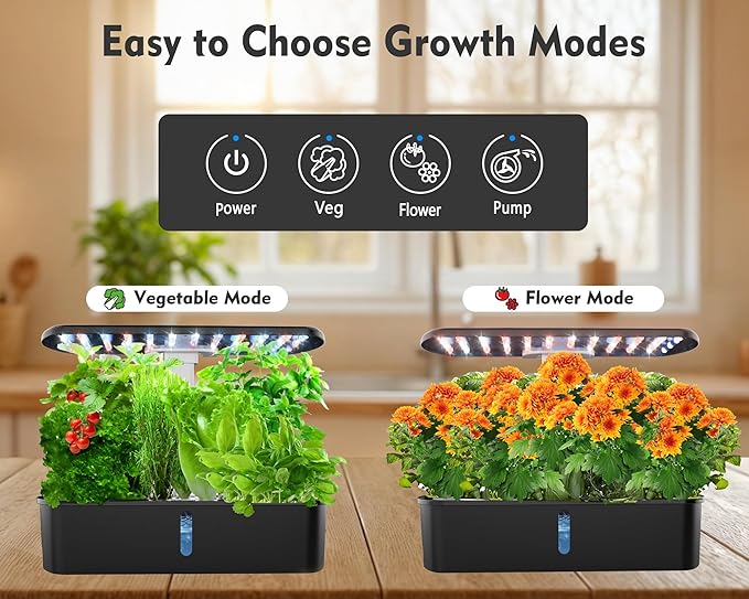 Hydroponics Growing System Kit 12 Pods Indoor Garden, Hydroponic Herb Garden Kit Indoor with LED Grow Light, Smart Indoor Garden, Adjustable Height, Auto Timer, Quiet Pump, Gift for Mom Women, Black-VerdiqueGarden