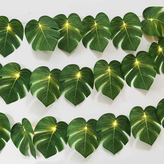 RECUTMS Artificial Tropical Palm Leaves String Lights, Large Size 20 LED Monstera Leaf Wall Hanging Vine Greenery,Outdoor Indoor Hawaiian Luau Jungle Beach Safari Baby Shower Party Spring Summer Decor-VerdiqueGarden