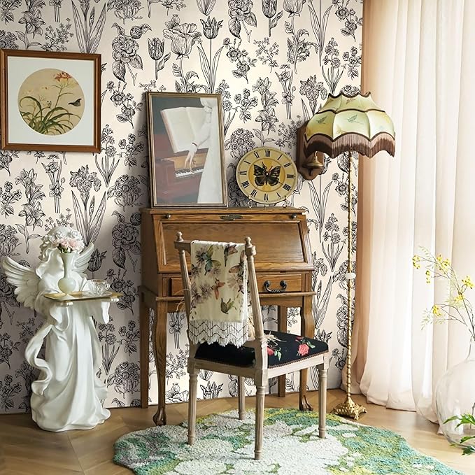 Dimoon 236"x17.3" Floral Peel and Stick Wallpaper Beige Contact Paper Waterproof Wallpaper Delicate Vintage Flower Thicken Plant Self Adhesive Removable Wall Covering Shelf Liner Decal Vinyl Roll-VerdiqueGarden