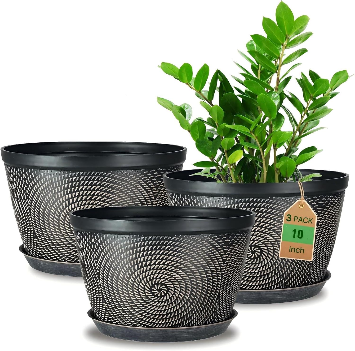 Quarut 10 Inch Flower Pots for Outdoor Indoor, 3 Pack Plastic Plant Pots with Drainage Hole & Tray, Modern Decorative Garden Pot with Saucer, planters for House (Black Copper)-VerdiqueGarden