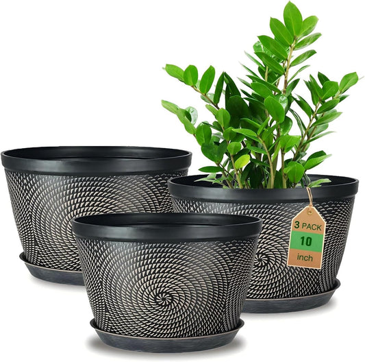 Quarut 10 Inch Flower Pots for Outdoor Indoor, 3 Pack Plastic Plant Pots with Drainage Hole & Tray, Modern Decorative Garden Pot with Saucer, planters for House (Black Copper)-VerdiqueGarden