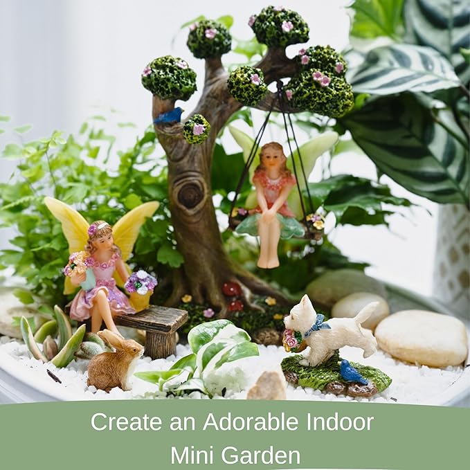 Fairy Garden Accessories Outdoor - Fairy Garden Kit with Fairies for Fairy Garden - Miniatures for an Outdoor Garden, a Fairy Tree Swing, Figurines & Puppy-VerdiqueGarden