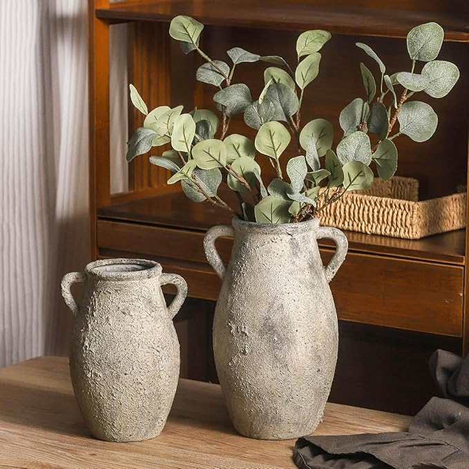 Large Ceramic Rustic Vase,11.3 inch Tall Farmhouse Flower Vase with 2 Handles for Home Decor, Living Room Entryway Table Centerpiece Decor-VerdiqueGarden