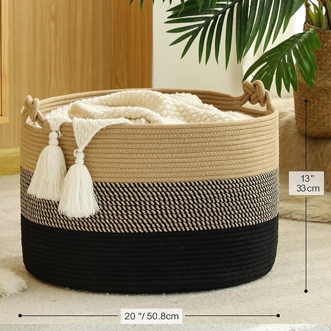 KAKAMAY Large Blanket Basket (20"x13"),Woven Rope Baskets for storage Baby Laundry Hamper, Cotton Rope Blanket Basket for Living Room, Laundry, Nursery, Pillows,Baby Toy chest (Jute/Black)-VerdiqueGarden