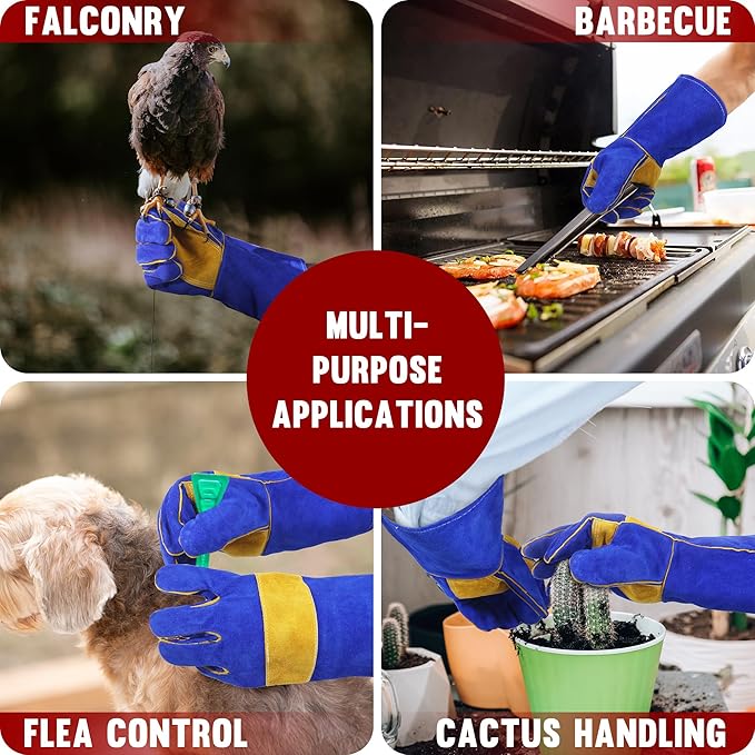 HANDLANDY Animal Handling Gloves, Falconry Cat Glove Bite Proof, Thorn Proof Rose Pruning Gardening Gauntlets (Royal blue, 14 Inches)-VerdiqueGarden