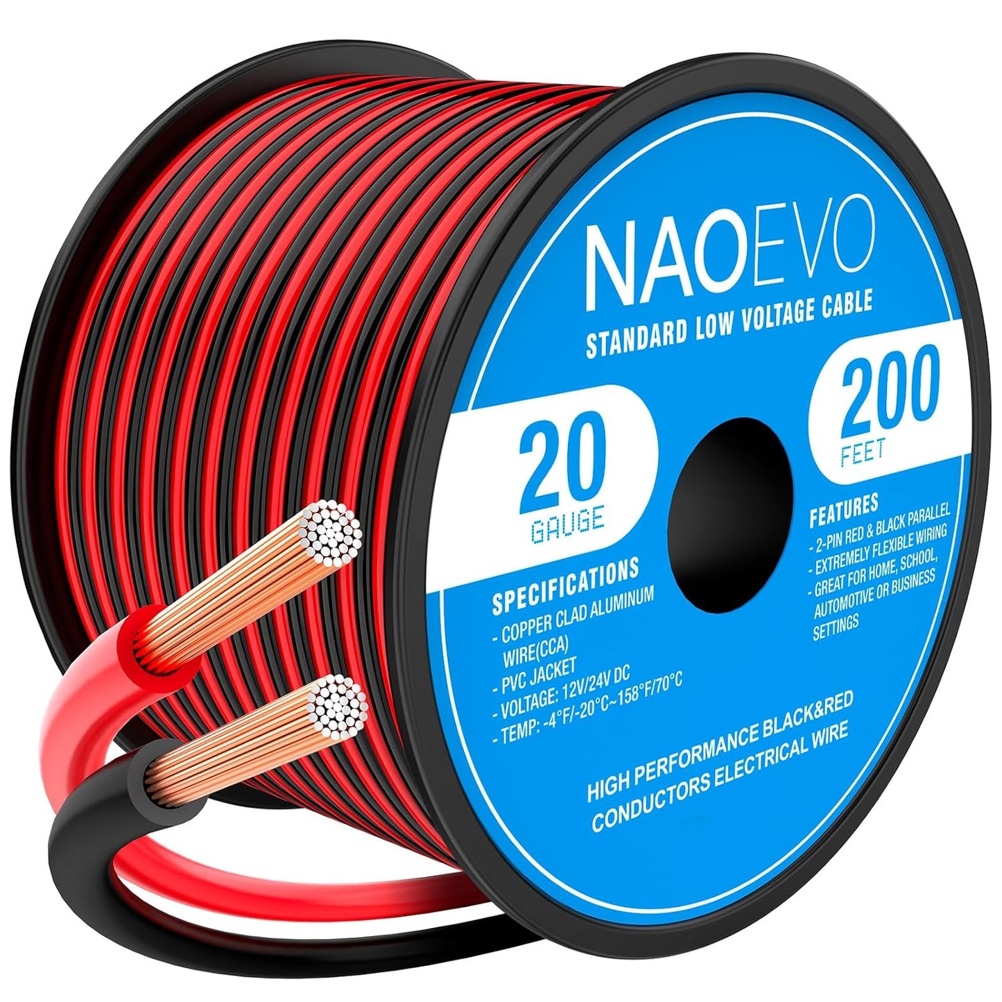 NAOEVO 20 Gauge Wire 200FT, 2 Conductors Electrical Wire Red Black Cable, Flexible/Low Voltage/PVC 20 AWG Copper Clad Aluminum Extension Cord for Speaker, LED Strips, Automotive 12V/24V DC-VerdiqueGarden