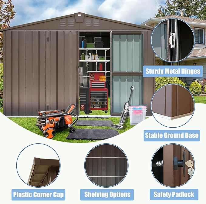 Domi Backyard Storage Shed 8.2’ x 6.2’ with Galvanized Steel Frame,Outdoor Garden Shed Metal Utility Tool Storage Room with Latches and Lockable Door for Balcony Lawn Poolside (Dark Brown)-VerdiqueGarden