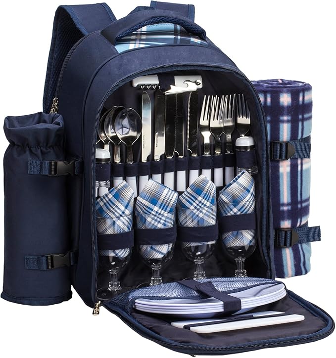Apollo walker Picnic Backpack Set for 4 with Cooler Compartment,Detachable Bottle/Wine Holder Including Large Picnic Blanket(45"x 53") for Picnic Family and Lovers Gifts,Outdoor,BBQ Time (Blue)-VerdiqueGarden