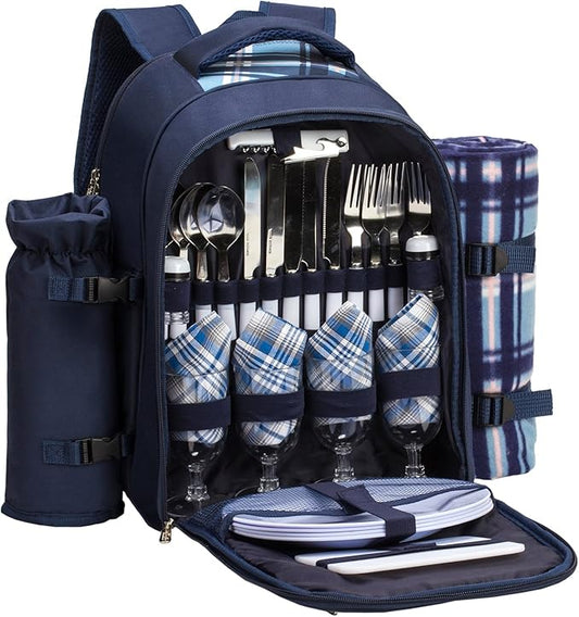 Apollo walker Picnic Backpack Set for 4 with Cooler Compartment,Detachable Bottle/Wine Holder Including Large Picnic Blanket(45"x 53") for Picnic Family and Lovers Gifts,Outdoor,BBQ Time (Blue)-VerdiqueGarden