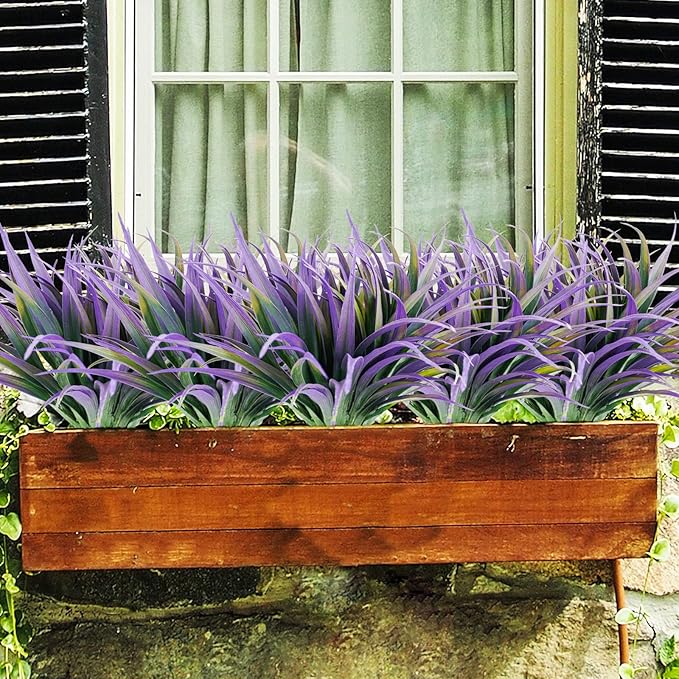 16Pcs Artificial Grass Fake Plants 17.3in Outdoor Plants UV Resistant Faux Greenery Stems Fake Grass for Home Window Garden Office Patio Pathway Front Porch Halloween Décor Green & Purple-VerdiqueGarden