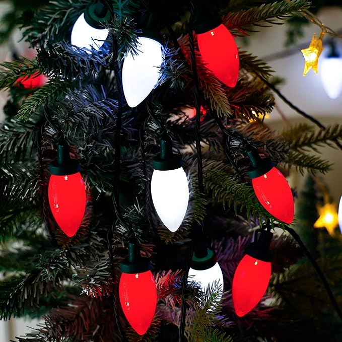 C9 Bulbs Classic Christmas Lights - 50 LED 32ft Strawberry String Light Red&White - Extendable 8 Modes Funtion with Timer Fairy Lighting for Outdoor, Indoor, Party, Home, Tree Decorations-VerdiqueGarden