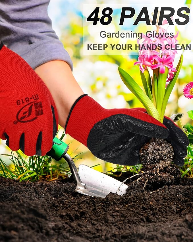 Nuogo 48 Pairs Gardening Gloves for Men Women Rubber Coated Safety Work Gloves Bulk for Gardening Construction Work-VerdiqueGarden