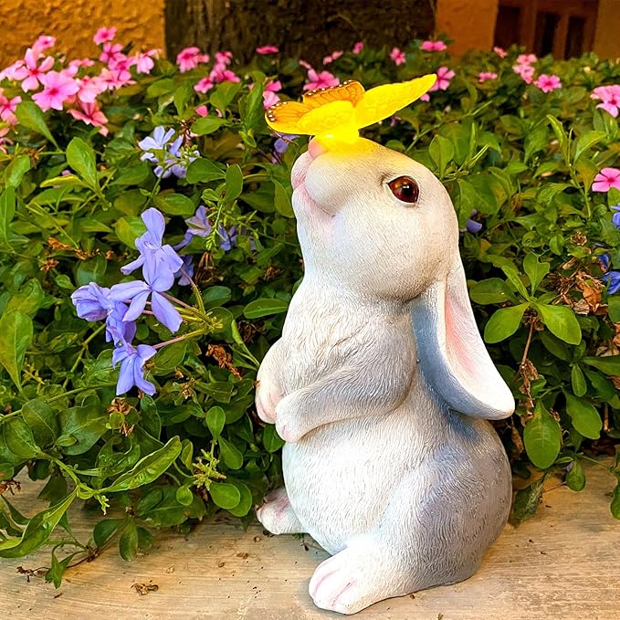 Solar Rabbit Statue Easter Bunny Decor Garden Statue for Outside, Rabbit with Butterfly Patio Sculptures Lawn Ornament, Funny Gifts for Women Mom Grandma Spring Outdoor Decor-VerdiqueGarden
