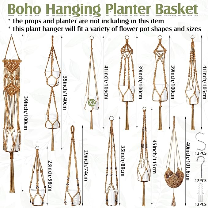 Hoteam 12 Pcs Macrame Plant Hangers Macrame Hanging Planters for Indoor Plants Handmade Boho Hanging Baskets Flower Pots Holder for Outdoor Home Wall Decor-VerdiqueGarden