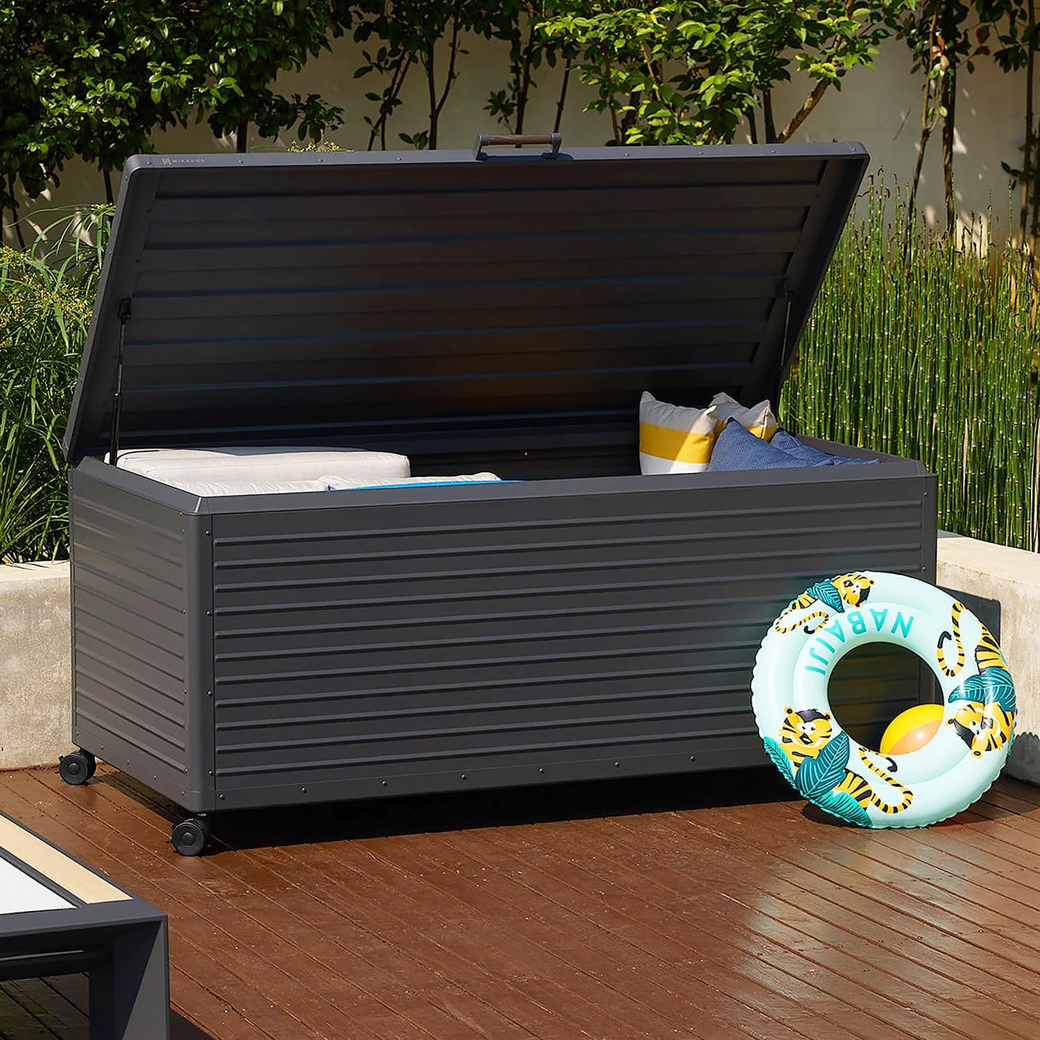 281 Gallon Outdoor Storage Box Waterproof with Wheels, Metal Deck Boxfor Patio Furniture, Garden Tools, Outdoor Cushion, Charcoal-VerdiqueGarden