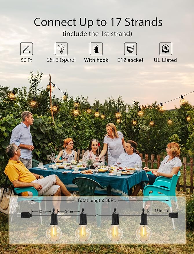 Brightown Outdoor String Lights - 2 Pack Globe Patio Lights 50 Ft with 25 G40 Shatterproof Bulbs, Waterproof Connectable Commercial Hanging Lights for Backyard Bistro Porch Cafe-VerdiqueGarden