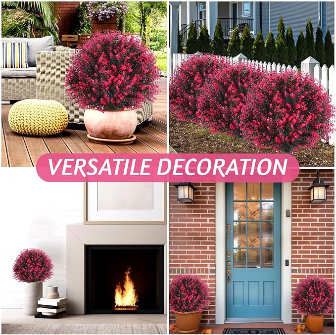 Yunlly 6 Pcs 18 Inch Artificial Boxwood Ball Topiary Tree Fake Outdoor Plants Bush, UV Resistance Faux Shrubs with Spike Realistic Greenery Potted for Indoor Garden Yard Porch Patio Decor (Rose Red)-VerdiqueGarden