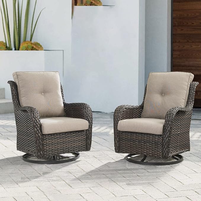 Outdoor Patio Swivel Rocker Chairs - Wicker Rattan Patio Swivel Rocking Chairs Set of 2 with High Back,Deep Seating and Comfort Cushions for Deck Porch Garden,rown/Grey-VerdiqueGarden