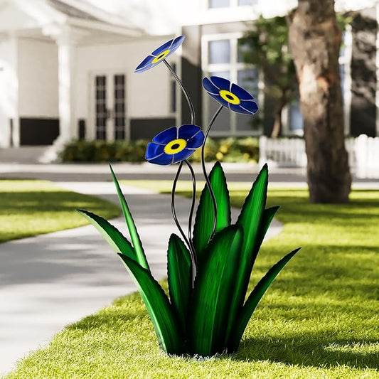 Upgraded Large Metal Yard Art, Agave Plant Yard Decorations, Outdoor Sculpture, Flowers for Outside, Waterproof Garden Decor (Green + Blue Flower)-VerdiqueGarden